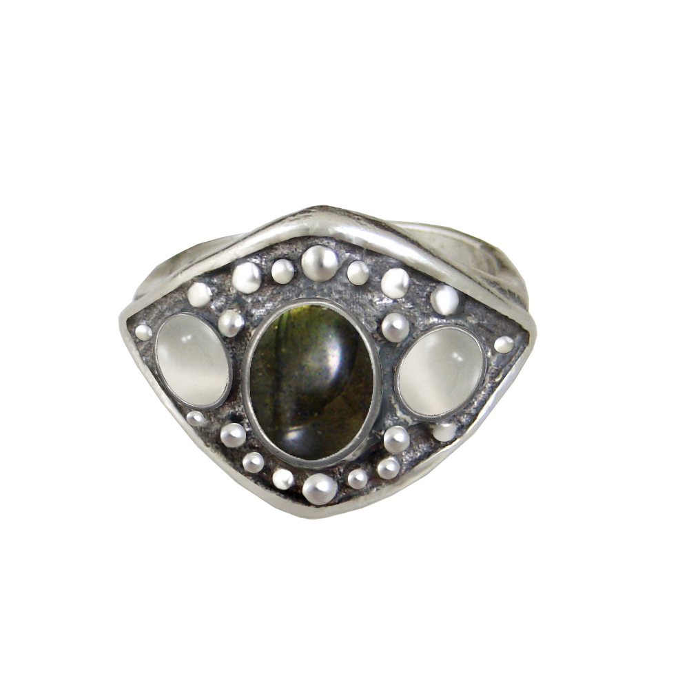 Sterling Silver Medieval Lady's Ring with Spectrolite And White Moonstone Size 9
